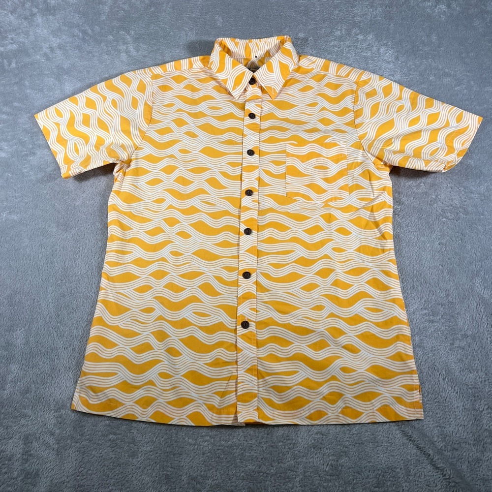 Avanti‎ Hawaiian Shirt Mens Small Yellow Wave Print Hawaii Made Aloha Button Up